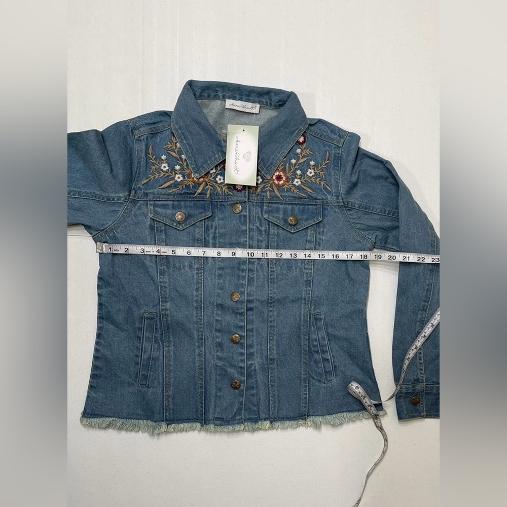Keren Hart Women’s Blue Floral Embroidery Long Sleeve Button Up Denim Jacket s M - Picture 12 of 12